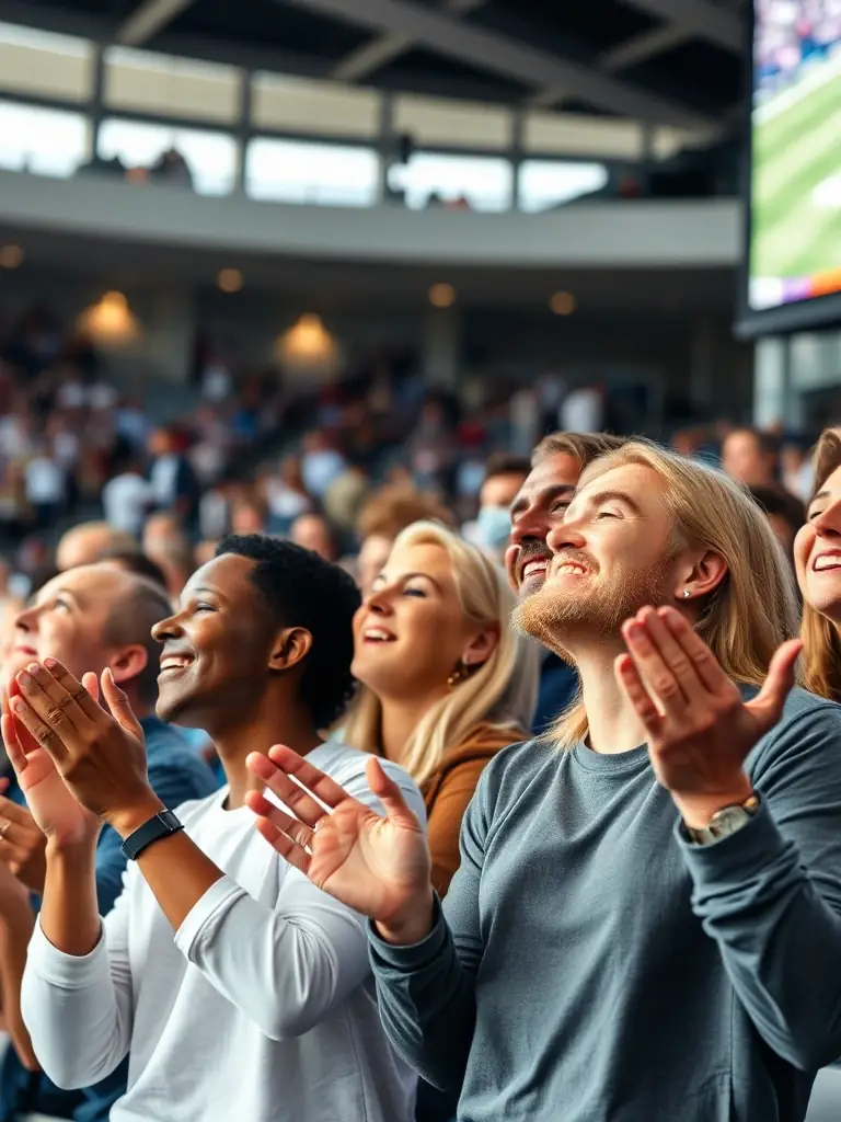 A close-up image of a diverse group of sports fans cheering enthusiastically while watching a game on a large screen, symbolizing the excitement and community fostered by Demo Tigrinho.