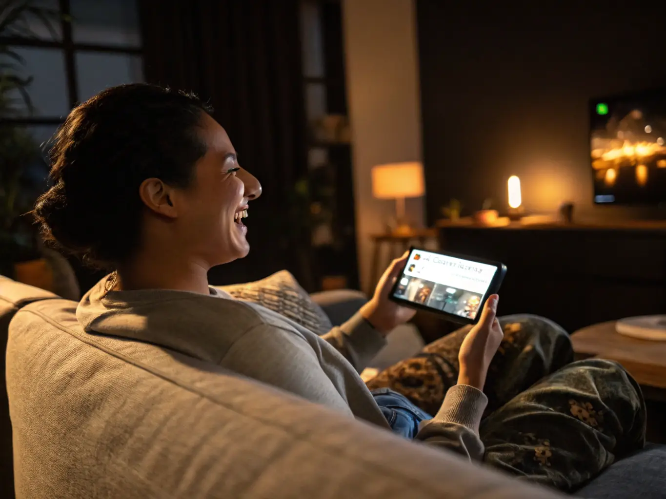 A person using the Demo Tigrinho app on their smartphone while watching a live football match on TV, showcasing the convenience of betting from anywhere.